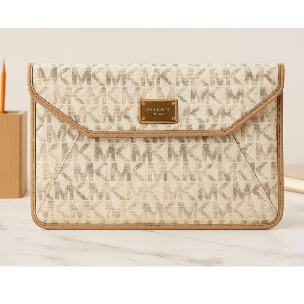 Michael Kors Ipad Case Monogram MK Signature Large Envelope Clutch Purse Logo